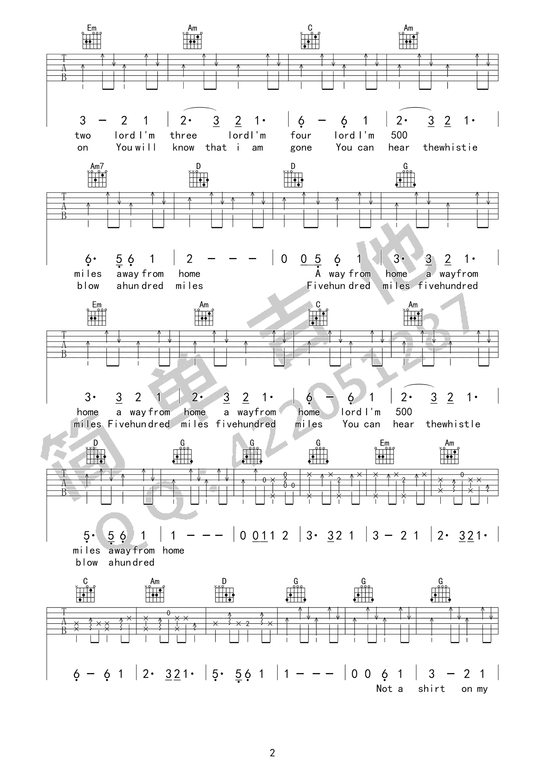 500miles吉他谱-英文经典老歌g调弹唱谱高清六线谱