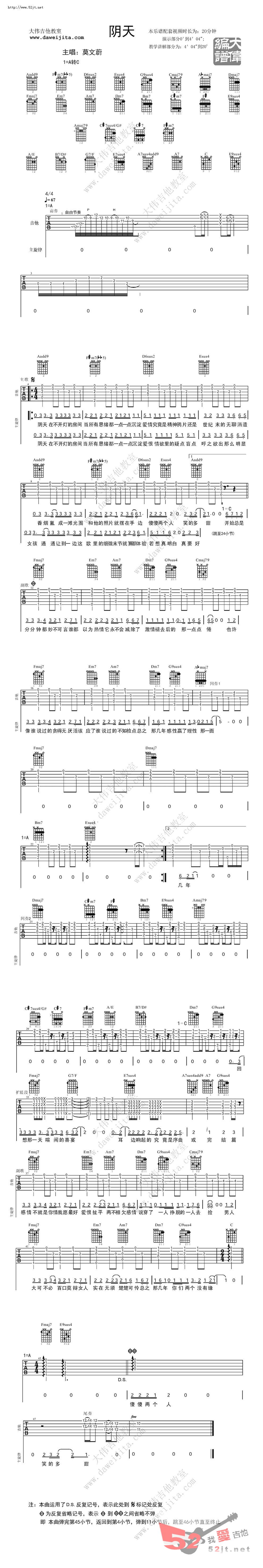 阴天吉他谱莫文蔚男生版教学吉他谱视频高清六线谱图片谱