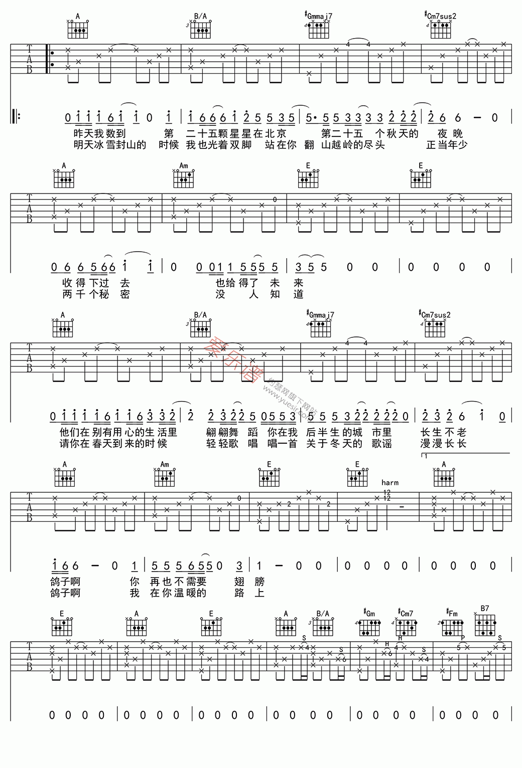 鸽子吉他谱-宋冬野-高清六线谱图片谱