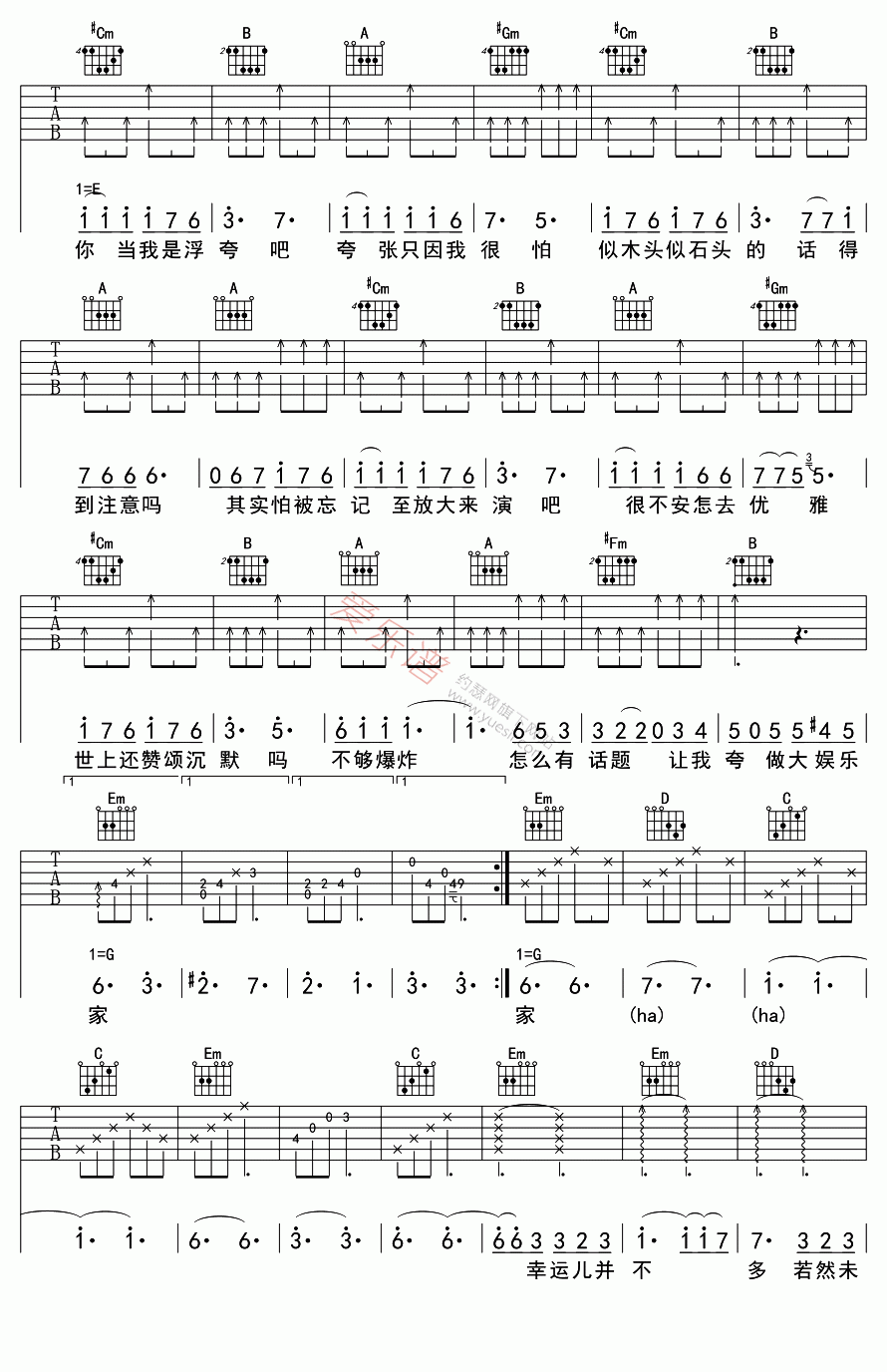 浮夸吉他谱-陈奕迅-高清六线谱图片谱