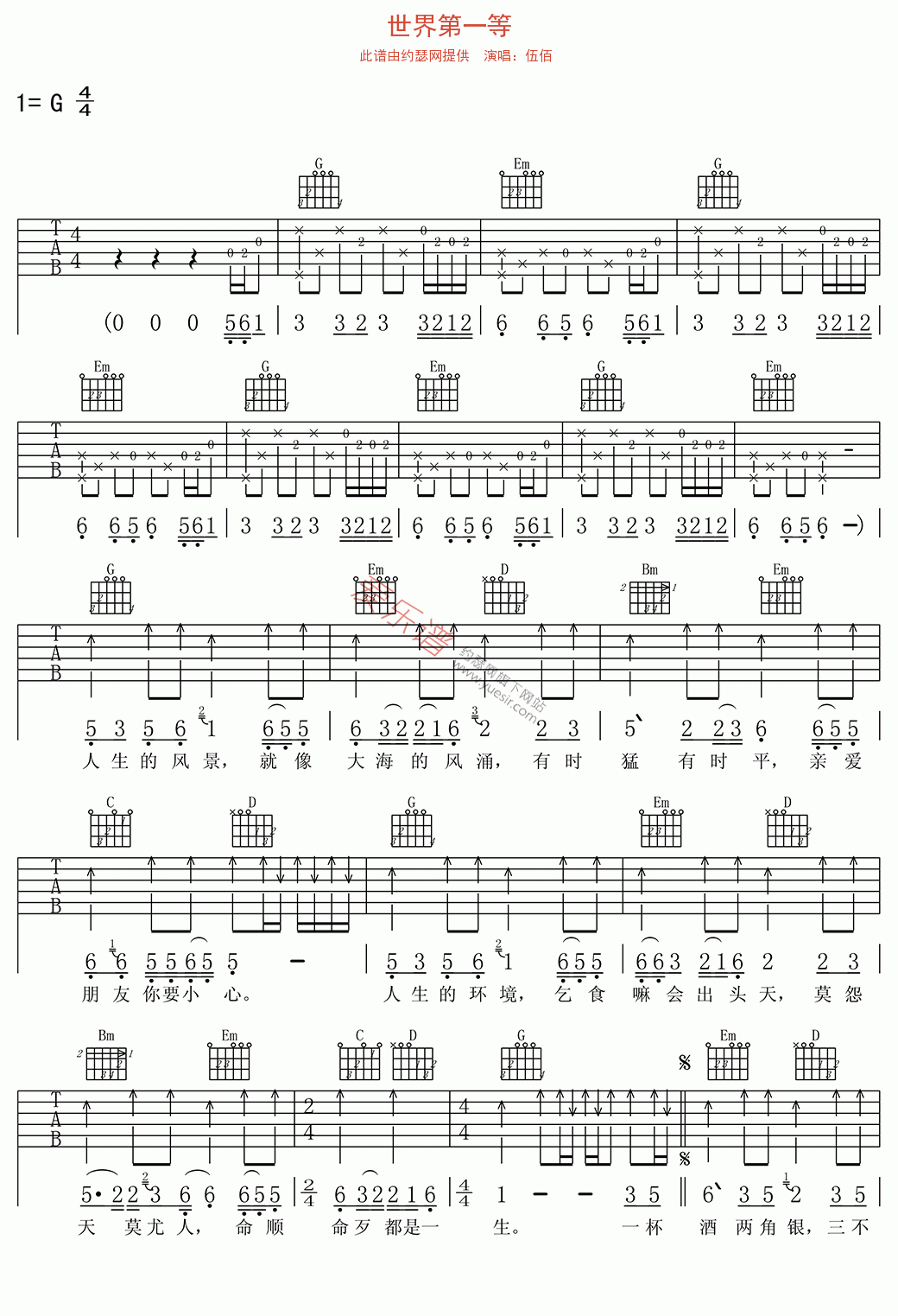 世界第一等吉他谱-伍佰-高清六线谱图片谱