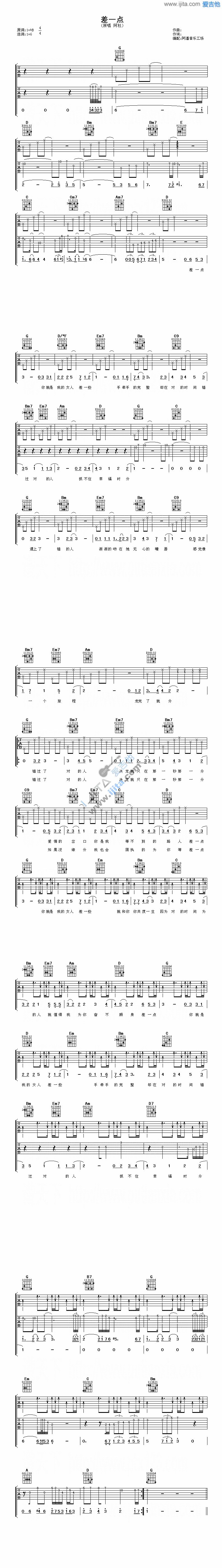差一点吉他谱-阿杜-高清六线谱图片谱