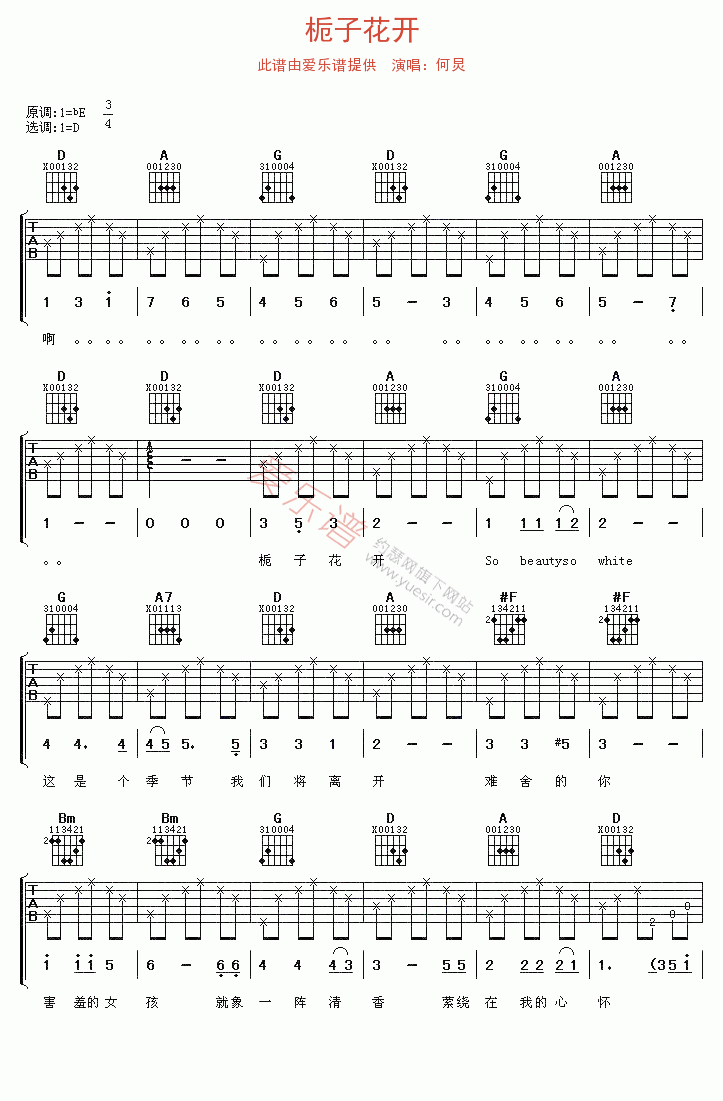 栀子花开吉他谱何炅高清六线谱图片谱