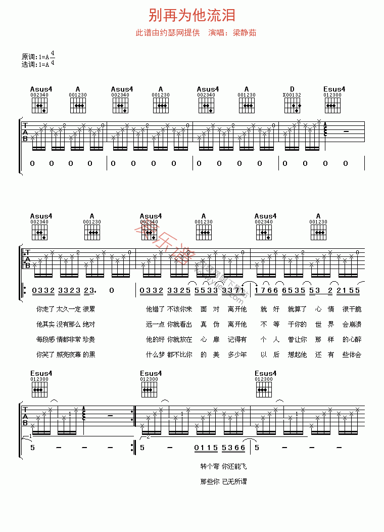 别再为他流泪吉他谱-梁静茹-高清六线谱图片谱