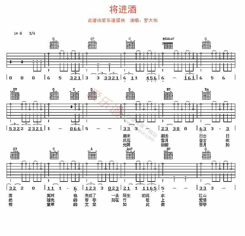 将进酒吉他谱罗大佑高清六线谱图片谱