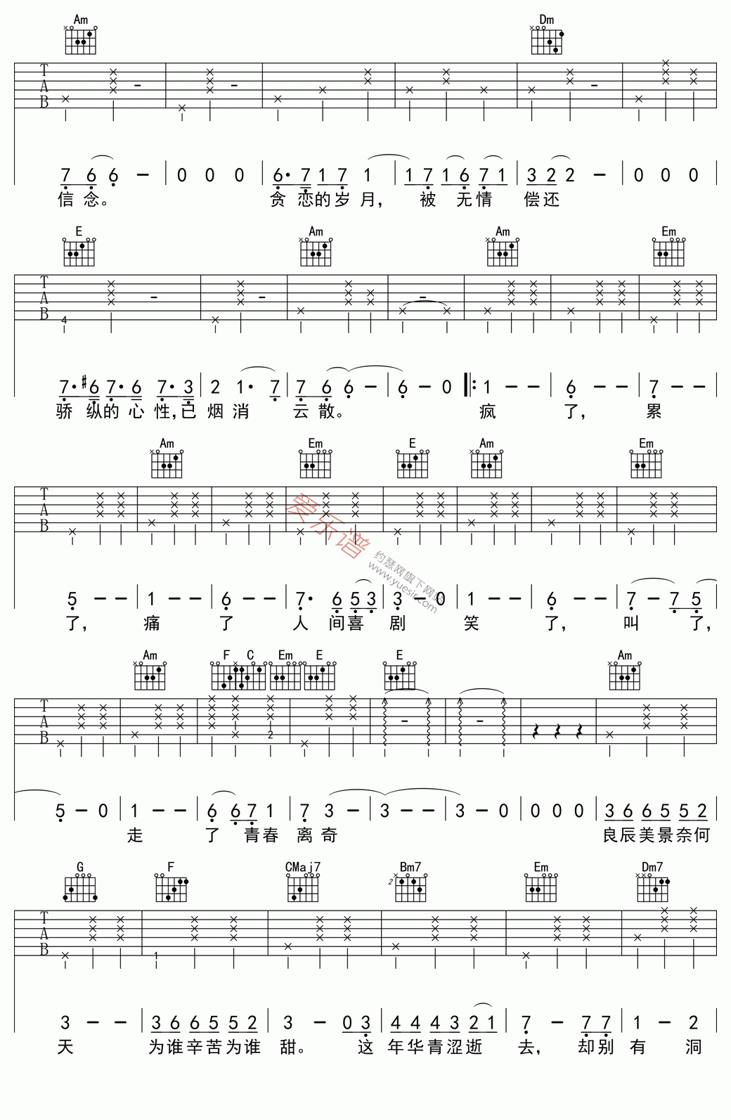 致青春吉他谱-王菲-高清版高清六线谱图片谱