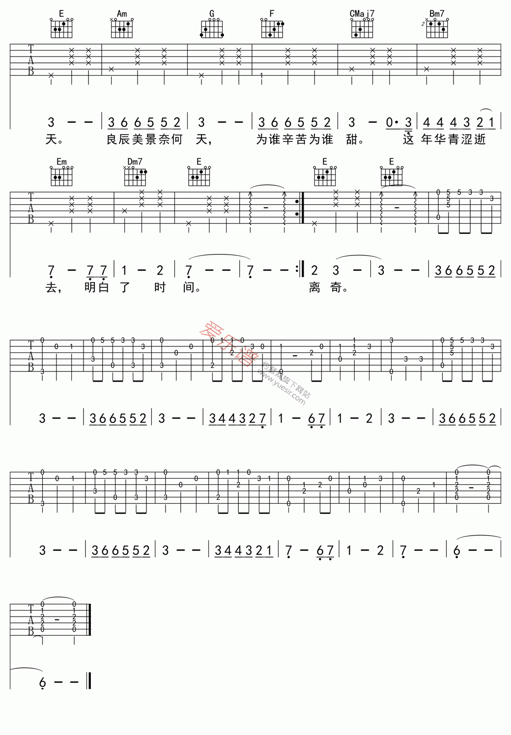 致青春吉他谱-王菲-高清版高清六线谱图片谱