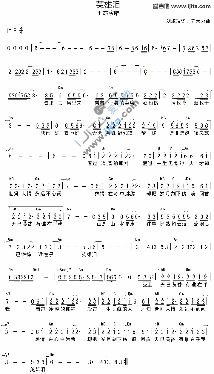 英雄泪吉他谱-王杰-高清六线谱图片谱