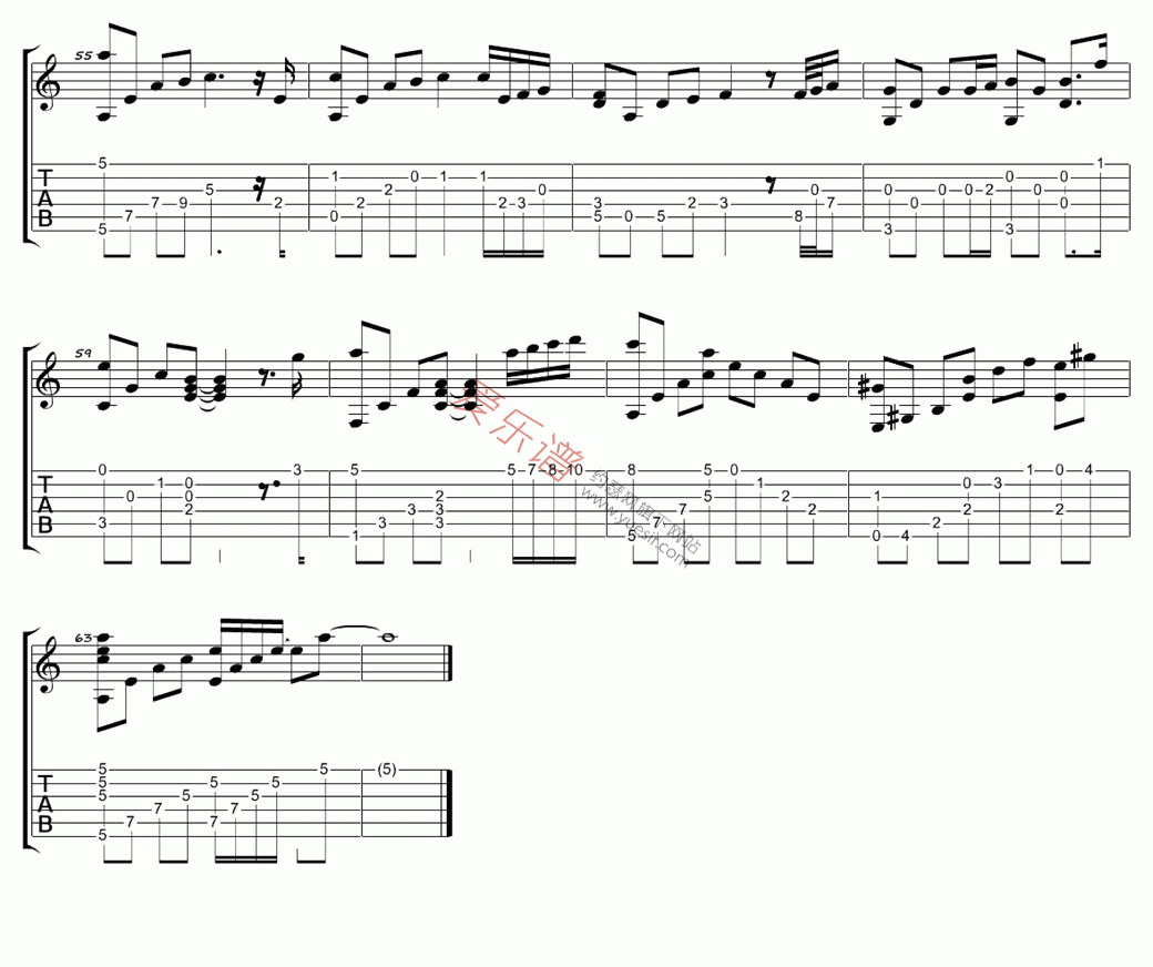 眼泪吉他谱-张学友-指弹版高清六线谱图片谱