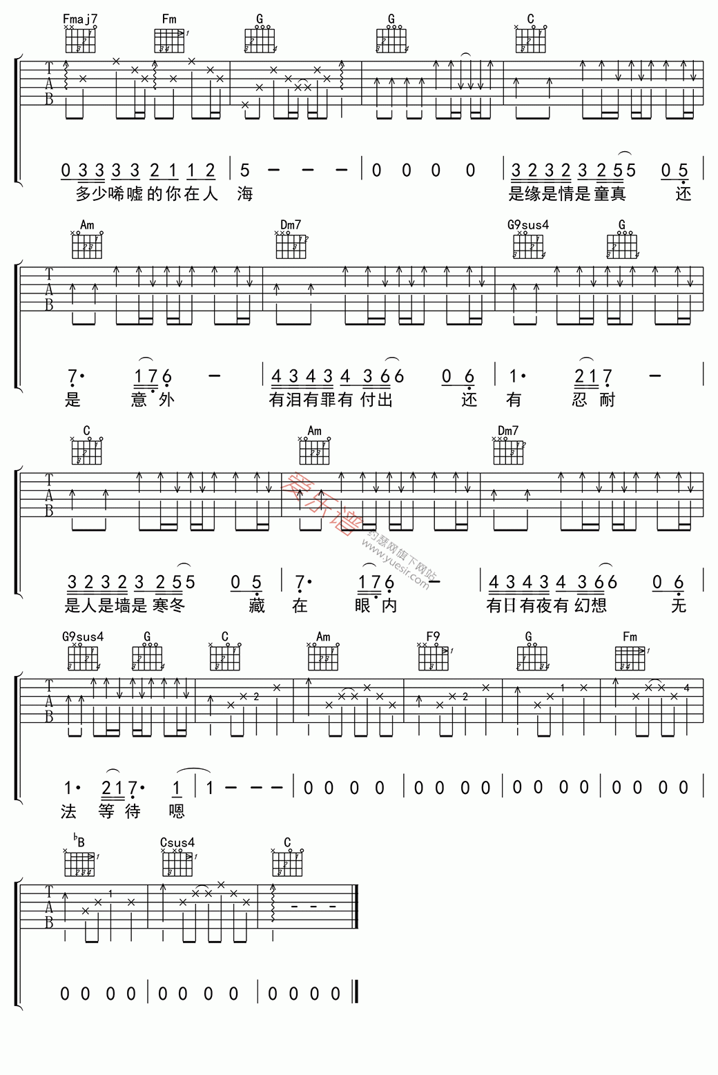情人吉他谱-beyond-高清六线谱图片谱
