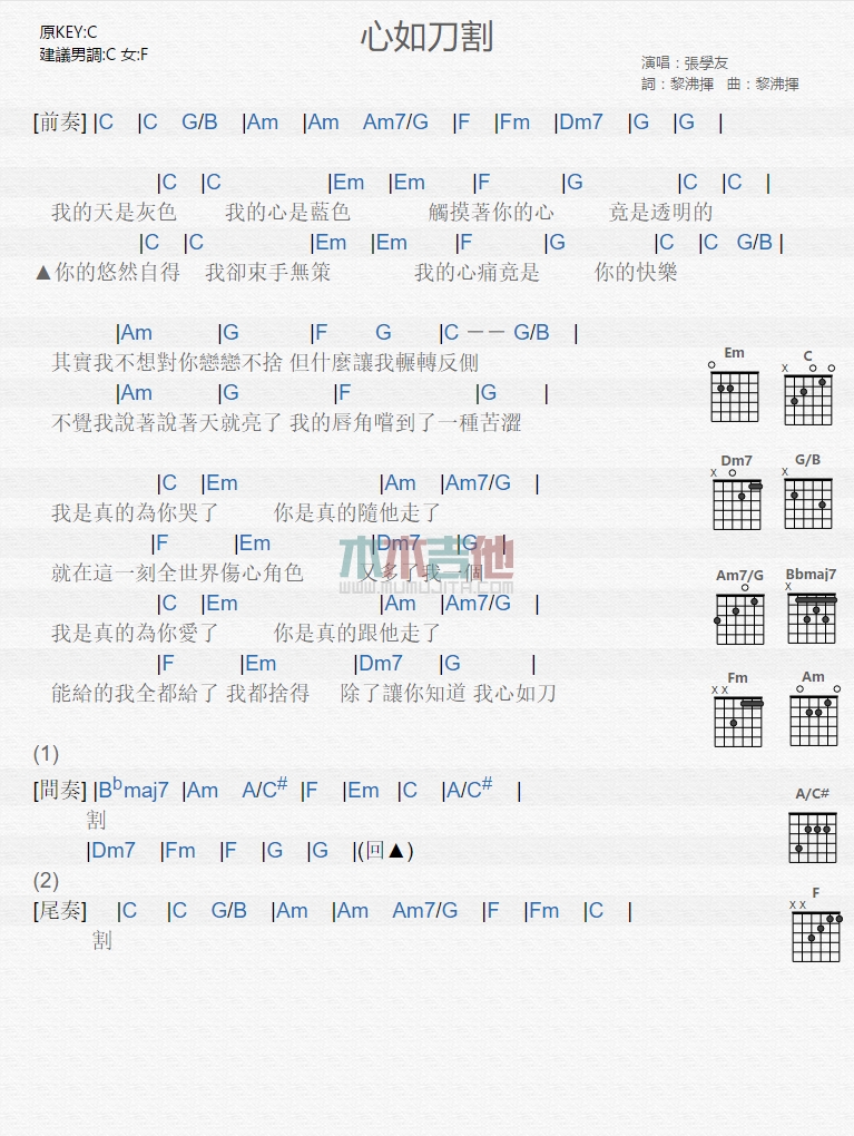 心如刀割吉他谱张学友高清六线谱图片谱