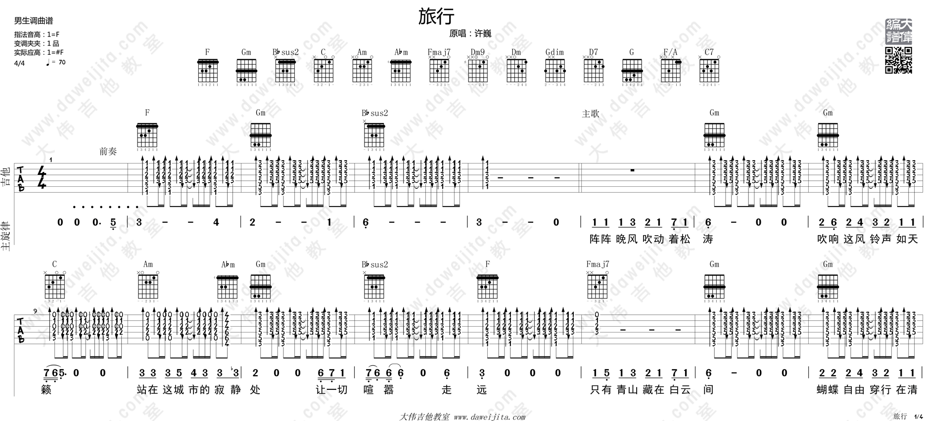 旅行吉他谱-许巍-高清六线谱图片谱