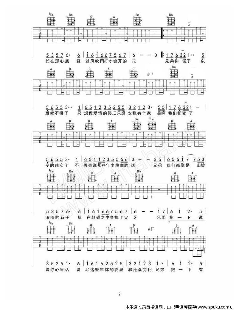 兄弟抱一下吉他谱-庞龙-吉他弹唱高清六线谱图片谱