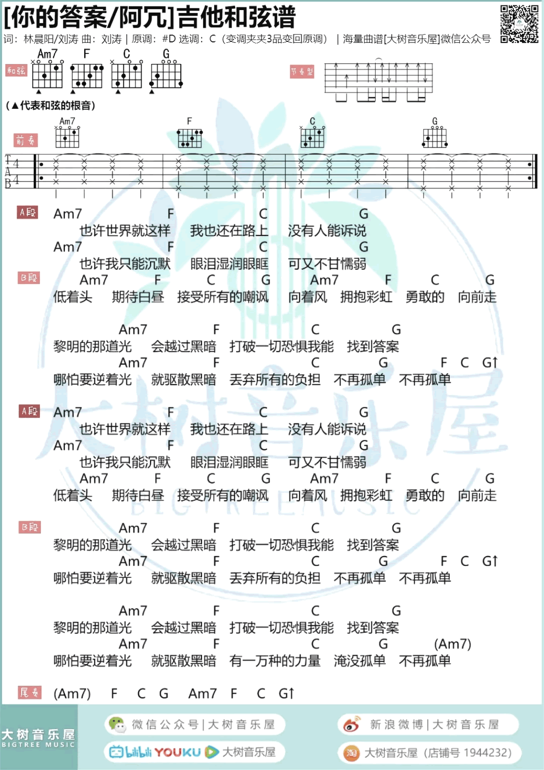 你的答案吉他谱阿冗c调吉他弹唱伴奏谱教学视频