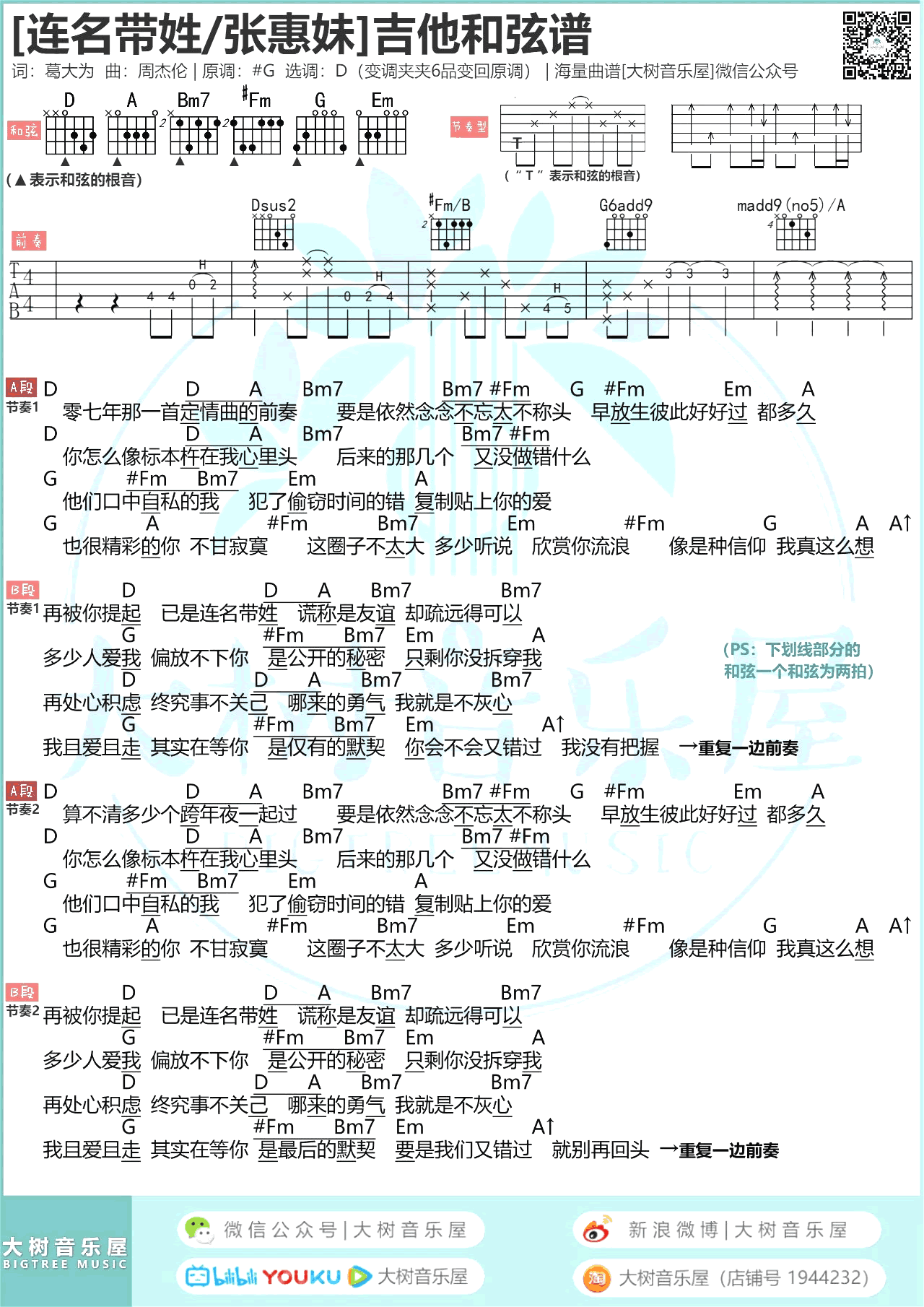 连名带姓吉他谱张惠妹d调吉他弹唱演示